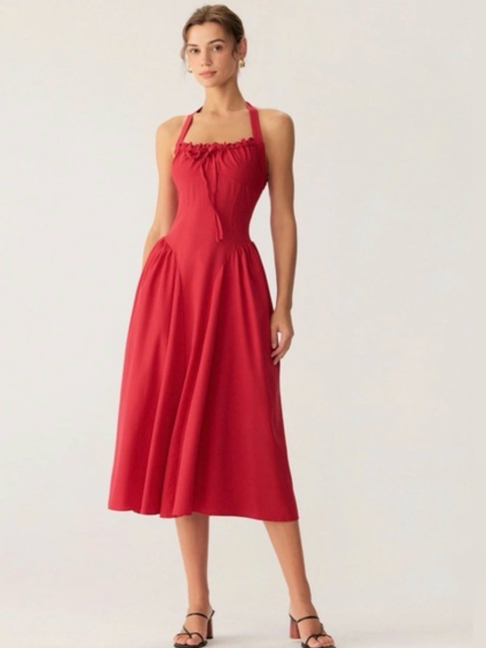 RIHOAS Red Halter Midi Dress with Ruching WORN ONCE
